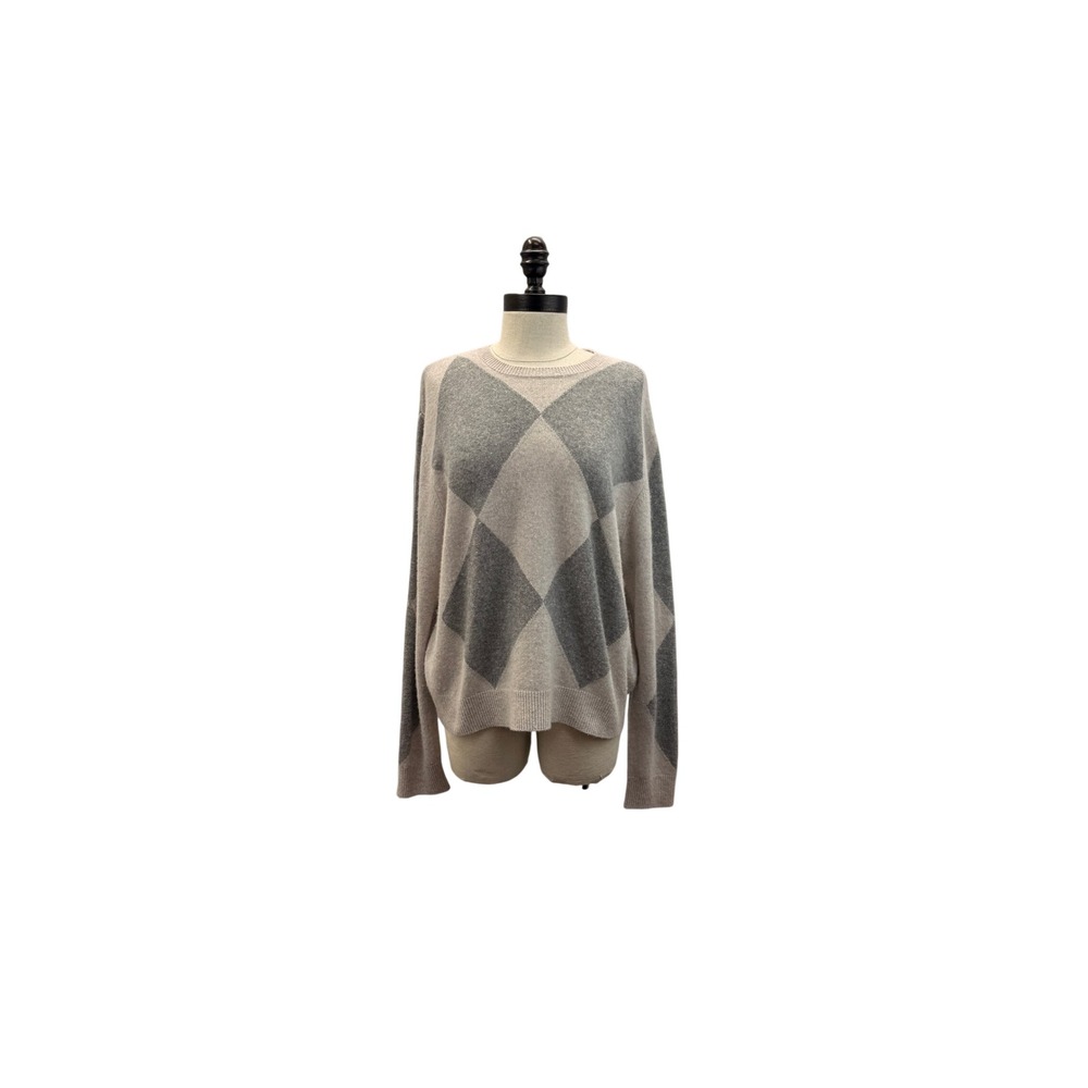 ATM Argyle Sweater Women's Size S Beige Grey Cashmere Crewneck Pullover